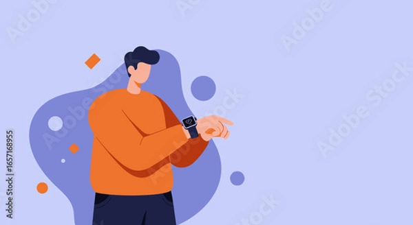 Fototapeta Modern illustration of a man checking his smartwatch, symbolizing health, fitness tracking, and digital lifestyle. Ideal for technology and wellness concepts.