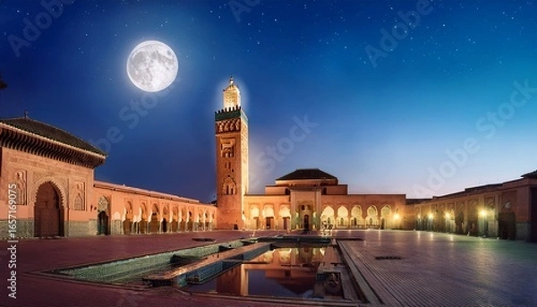 Fototapeta moon shining over the ben youssef medersa in marrakech at night