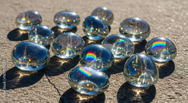 Fototapeta Clear Marbles Scattering Light and Rainbows on Rough Concrete Surface