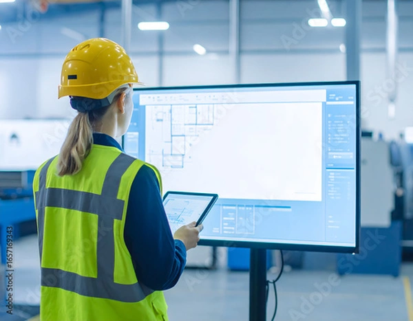 Fototapeta Efficiency in Industry: A skilled engineer, adorned in a high-visibility safety vest and hard hat, engrossed in the detailed blueprint displayed on a large screen.
