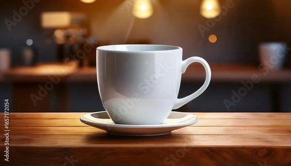 Fototapeta white coffee cup is floating in midair above a wooden table the cup is empty and has a smooth shiny surface concept of lightness and freedom as if the cup is defying gravity