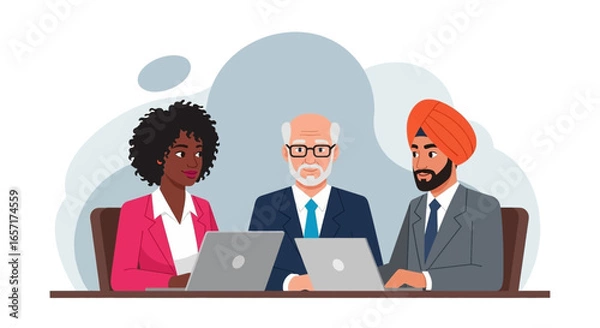 Fototapeta Diverse business team collaborating on laptops. Represents teamwork, partnership, and professional development in a modern office setting. Ideal for corporate and HR concepts.