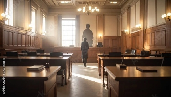 Obraz Empty Courtroom with Looming Shadow, Symbol of Justice and Power
