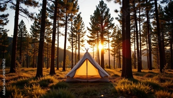 Fototapeta Sunrise Serenity with Tent and Pine Forest