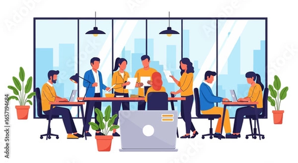 Fototapeta Diverse team collaborating in a modern office, symbolizing productivity, teamwork, and a professional business environment. Ideal for corporate concepts.