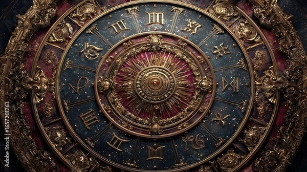 Fototapeta Ornate astrological zodiacal calendar illuminated against vast expanse of the night sky full of stars and galaxies