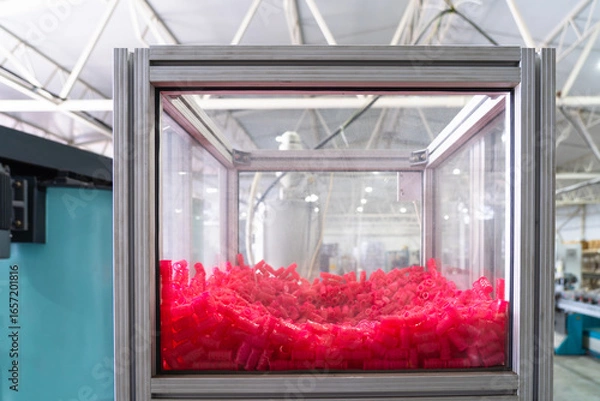Fototapeta Plastic injection molding process in modern factory, transparent container filled with bright pink plastic components, industrial production of parts, automated equipment in manufacturing.