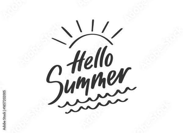 Obraz Handwritten lettering Hello summer in black ink calligraphy. Brushstroke modern summer time signage with sea waves and sun beams. Decorative playful freehand live signature for print banner poster