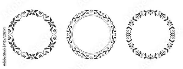 Obraz Round ornate border set. Floral loop decorative edge. Elegant outline circular frame. Vintage contour lace ring. Ornamental detailed wreath shape. Retro filigree vignette. Copy space symmetric emblem