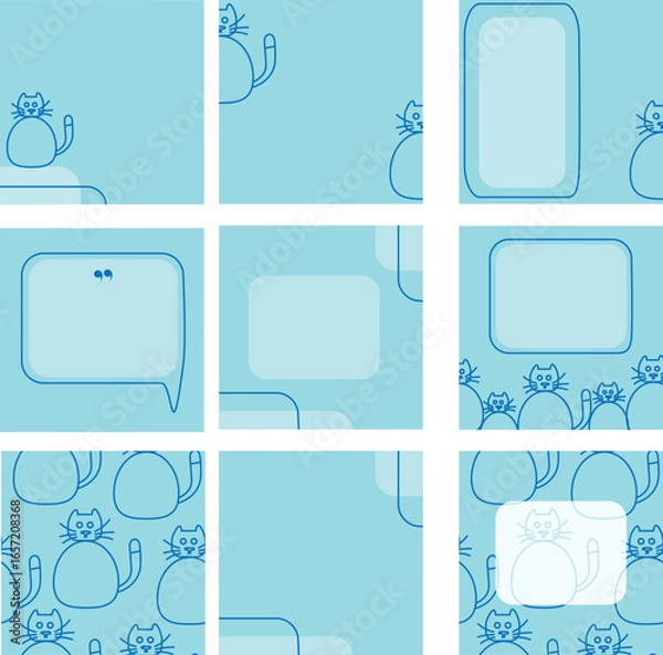 Fototapeta Set of 9 square templates featuring cats on a light blue background. Perfect for Instagram posts, social media templates, or creative presentations. Ideal for digital content, graphic design projects.