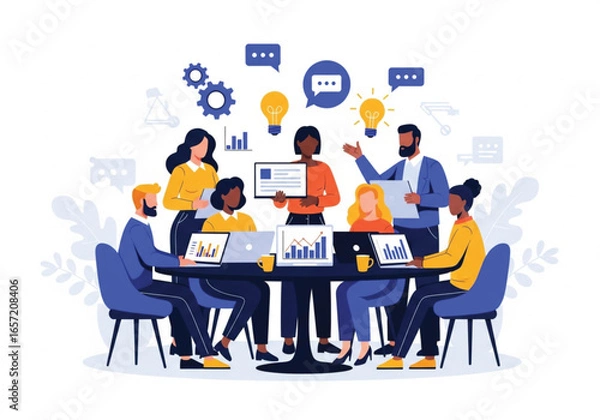 Fototapeta Business team collaborating around a table with laptops and charts