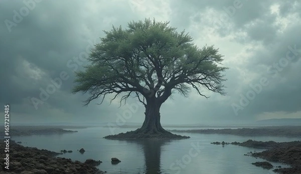 Fototapeta Ethereal Solitude: Lone Tree in Misty Foggy Field