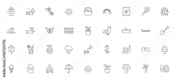 Fototapeta Spring icon set. Vector illustration of spring elements. Includes fountain, park, cherry blossom, picnic, rainbow, butterfly, duck, tulip, Easter egg and more. Editable stroke.