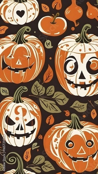Fototapeta Spooky Seamless Pattern of Glowing Jack-O'-Lanterns for Halloween