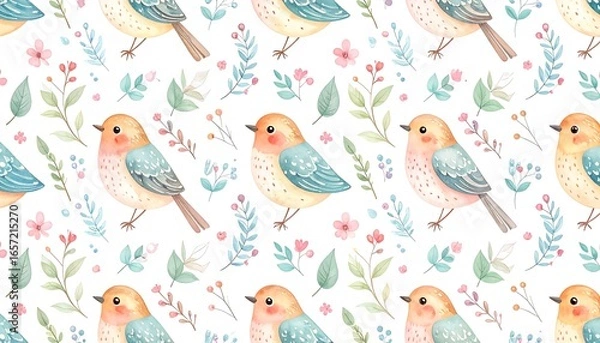 Obraz Delicate birds and flowers create a charming pattern.