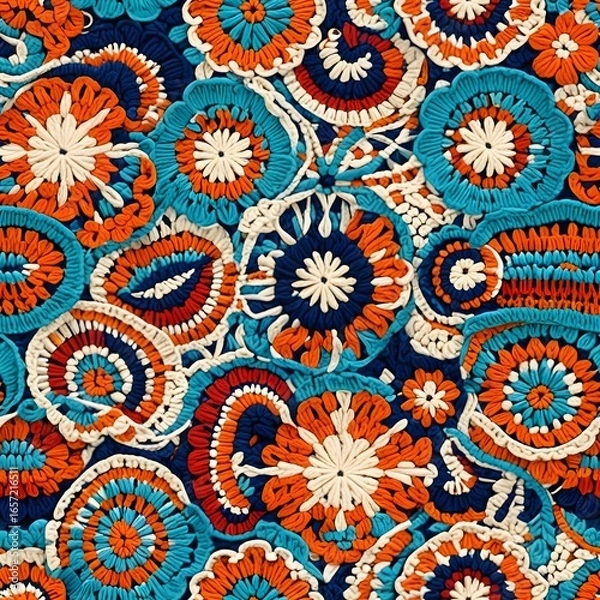 Fototapeta Boho Mandala Floral Seamless Pattern in Vibrant Orange and Teal