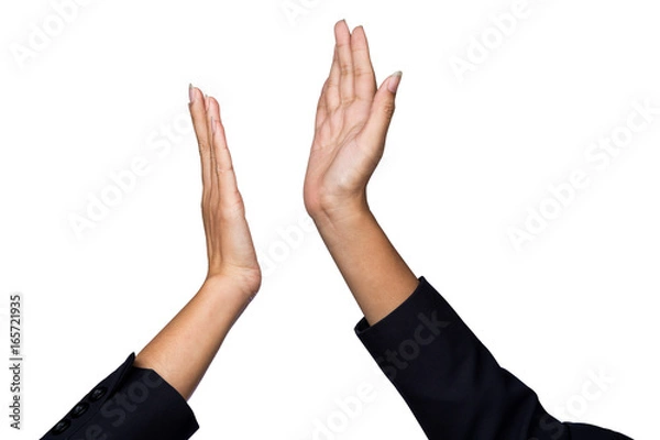 Fototapeta businesswoman giving hi five or touching hands for celebration business achievement and success with teamwork isolated on white background. Two hands of Asian people making hi-five gesture.
