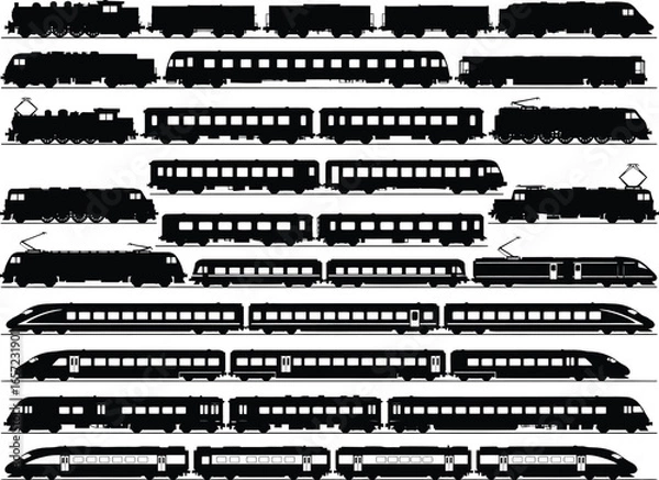 Fototapeta Collection of diverse train silhouettes showcasing various engine types and passenger cars in a clean vector art style