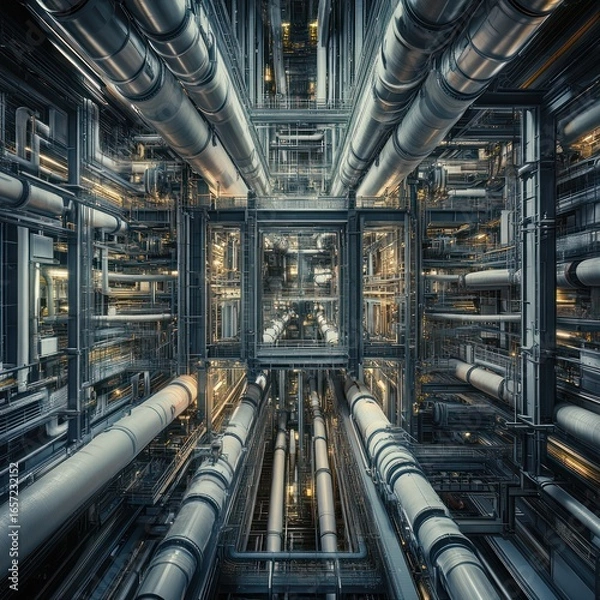 Fototapeta Industrial complex with towering pipes and intricate metal structures