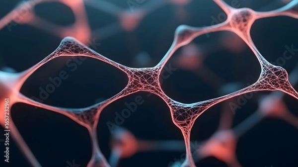 Fototapeta The image features a close-up, abstract depiction of interconnected nodes and intricate web-like structures against a blurred dark background, evoking network connectivity.