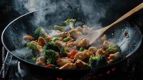 Obraz Chicken and broccoli stir-fry cooking in a wok.