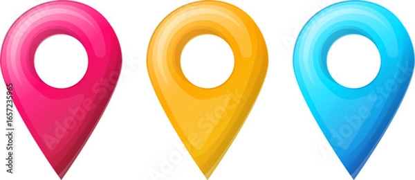 Fototapeta A vibrant set of three glossy 3D-style map location markers in pink, yellow, and blue. These navigation pins are commonly used in maps, GPS applications, and UI UX designs to indicate locations or