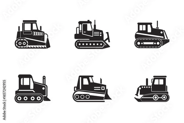 Fototapeta Six Different Black and White Bulldozer Illustrations in a Grid Heavy Equipment Construction Vehicles and Earth Moving Machinery