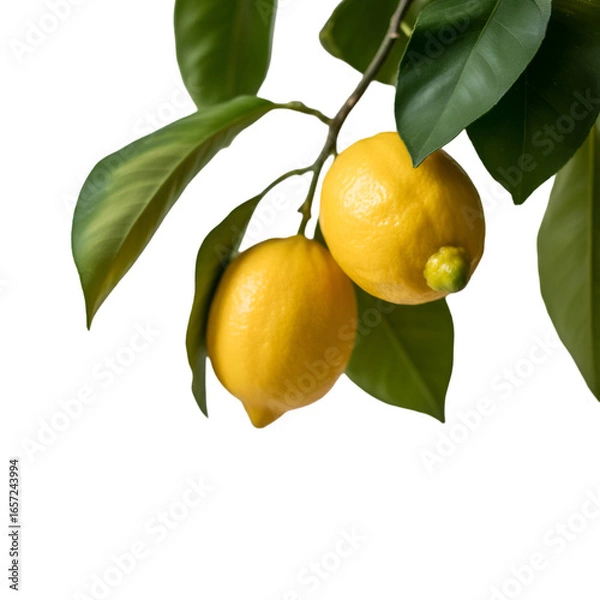 Fototapeta Two Yellow Lemons With Green Leaves On A Branch fruit