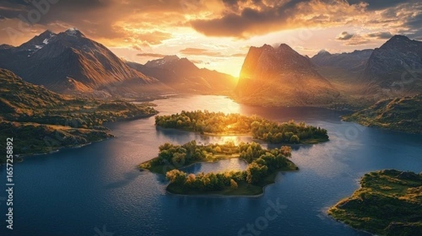 Fototapeta Serene islands nestled in a tranquil mountain lake at sunset.