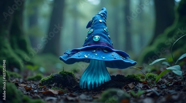 Fototapeta Mushroom with Wizard Hat in Forest