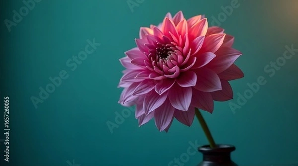 Fototapeta Pink Dahlia in Vase Against Teal Background