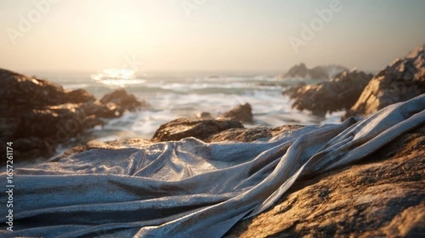 Obraz Golden hour seascape with waves hitting rugged coastal rocks, warm sunlight reflecting on water surface creating a glowing, dramatic ocean landscape view