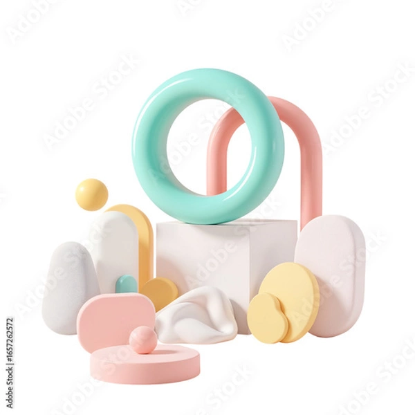Fototapeta Abstract geometric shapes and forms in pastel colors creating a playful and modern composition isolated on transparent background