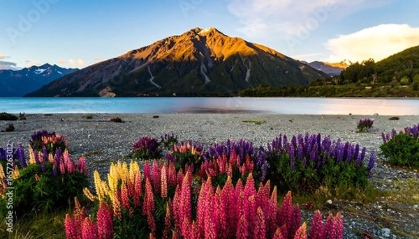 Obraz Mountain lake with vibrant flowers at dawn