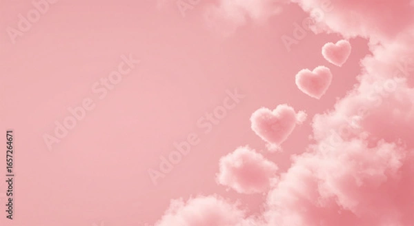 Fototapeta Pink sky with heart clouds background for valentines day and love theme design