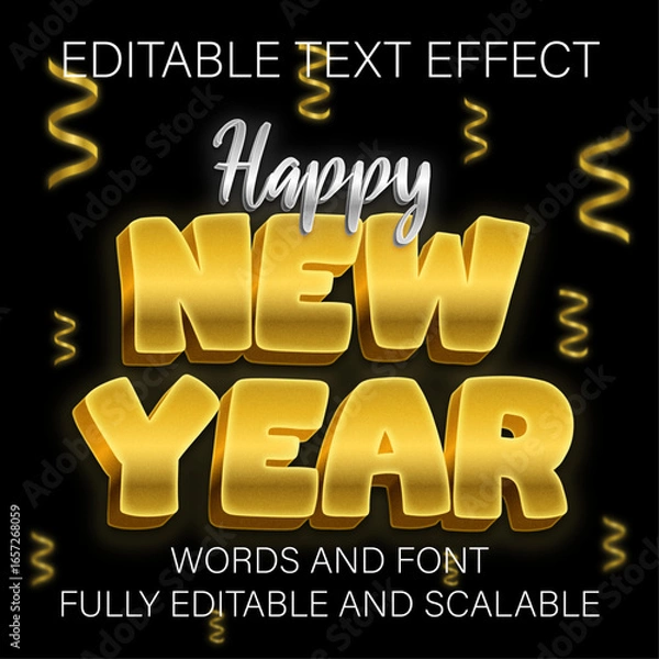 Fototapeta Glowing Gold Style Happy New Year Text Effect for Promotional Banner or Poster