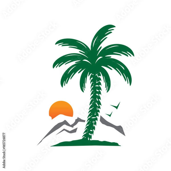 Obraz palm tree with mountain and sun, illustration design, isolated on white background. 
