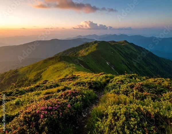 Obraz Mountain range at sunrise. Lush greenery, pink flowers