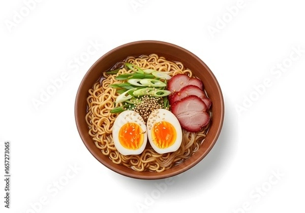 Obraz Top view of a delicious Asian ramen noodle soup with chashu pork, ajitama egg, and green onions in a brown bowl isolated on a white background.