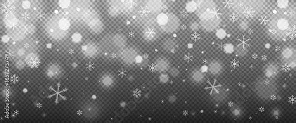 Fototapeta Falling Christmas snow flakes with glowing bokeh lights on transparent background. Winter Christmas and New Year decoration effect overlay. Stock vector illustration in realistic style.