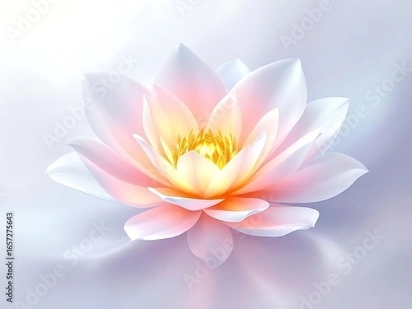 Fototapeta Abstract white flower with delicate translucent petals and a glowing orange golden center. Futuristic organic digital artwork on soft background