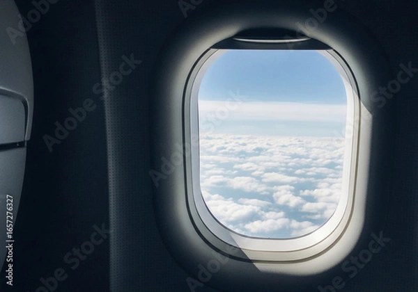 Obraz View from airplane window above fluffy white clouds and blue sky