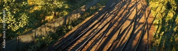 Fototapeta Railroad tracks cross through a sunlit forest