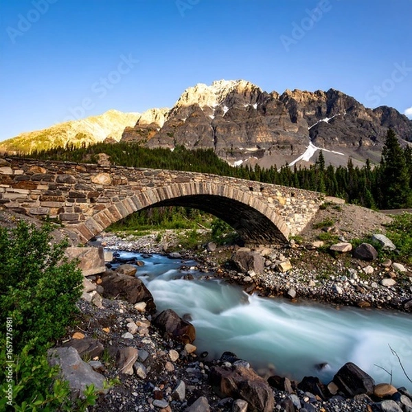 Obraz Mountain stone arch bridge over flowing river