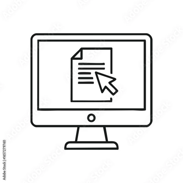 Fototapeta Digital Document Access Icon. Monochrome graphic depicting a display with a file, highlighted by a pointer. Signifies online interaction, information retrieval, and digital workflow processes.