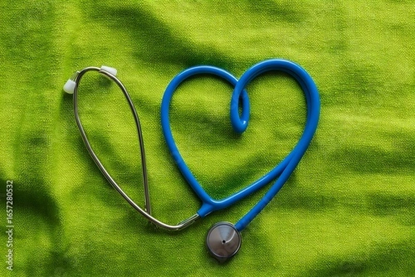 Fototapeta Heart-Shaped Stethoscope on Green Scrubs: Symbol of Healthcare, Love, and Dedication in Medicine - A Professional Still Life