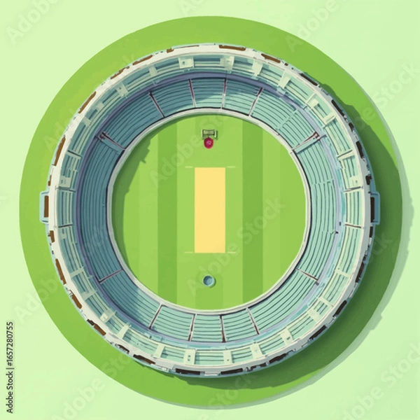 Fototapeta Overhead view of a circular cricket stadium, showcasing the pitch and tiered seating.