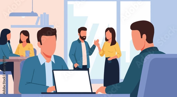 Fototapeta Modern office environment with diverse business professionals collaborating. Ideal for showcasing teamwork, meetings, and a productive work culture.