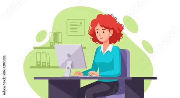 Fototapeta Smiling woman with red hair working efficiently at a computer desk in a modern office. Ideal for business, technology, or remote work concepts.