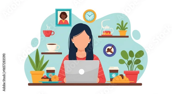 Fototapeta Woman working on a laptop from her comfortable home office setup, surrounded by coffee, plants, and snacks. Represents remote work and productivity.